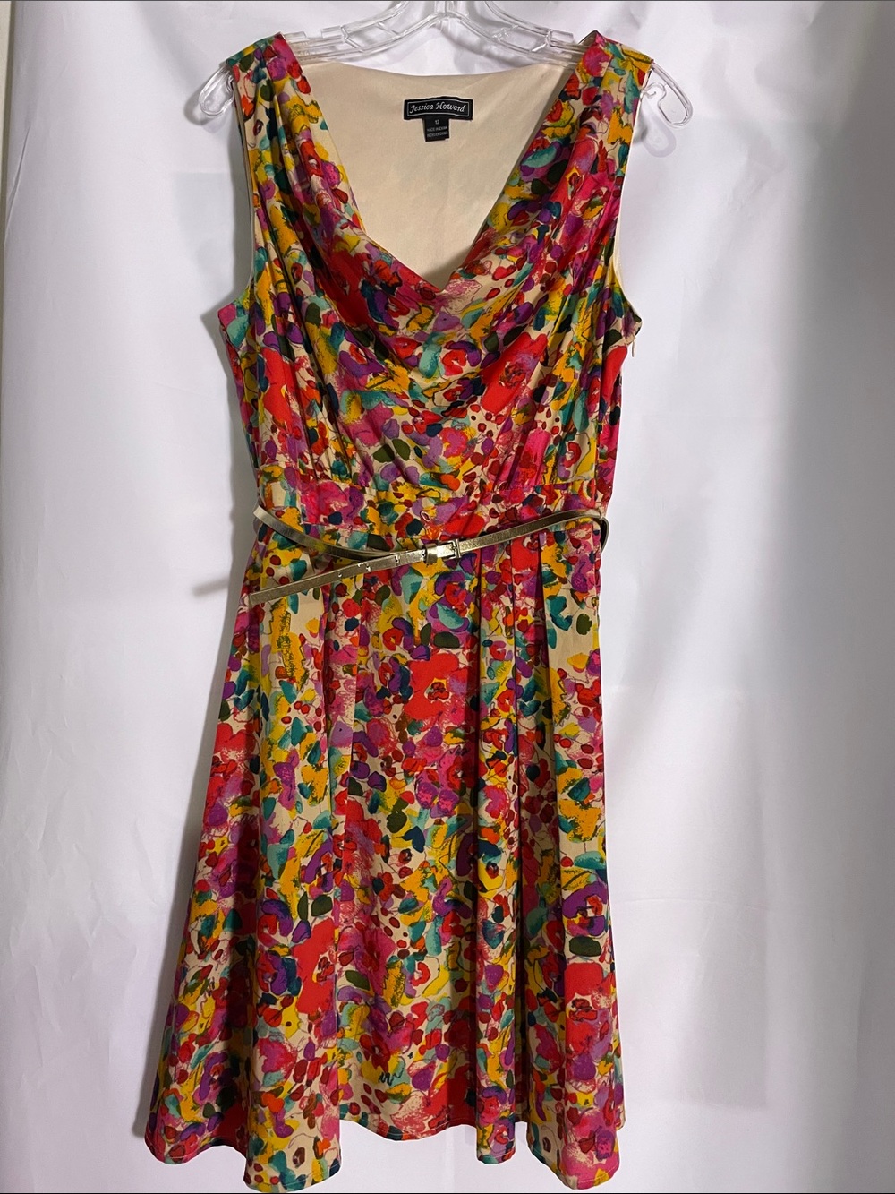 Jessica Howard Pink Multi Floral Cowl-Neck Fit-and-Flare Dress, size 12